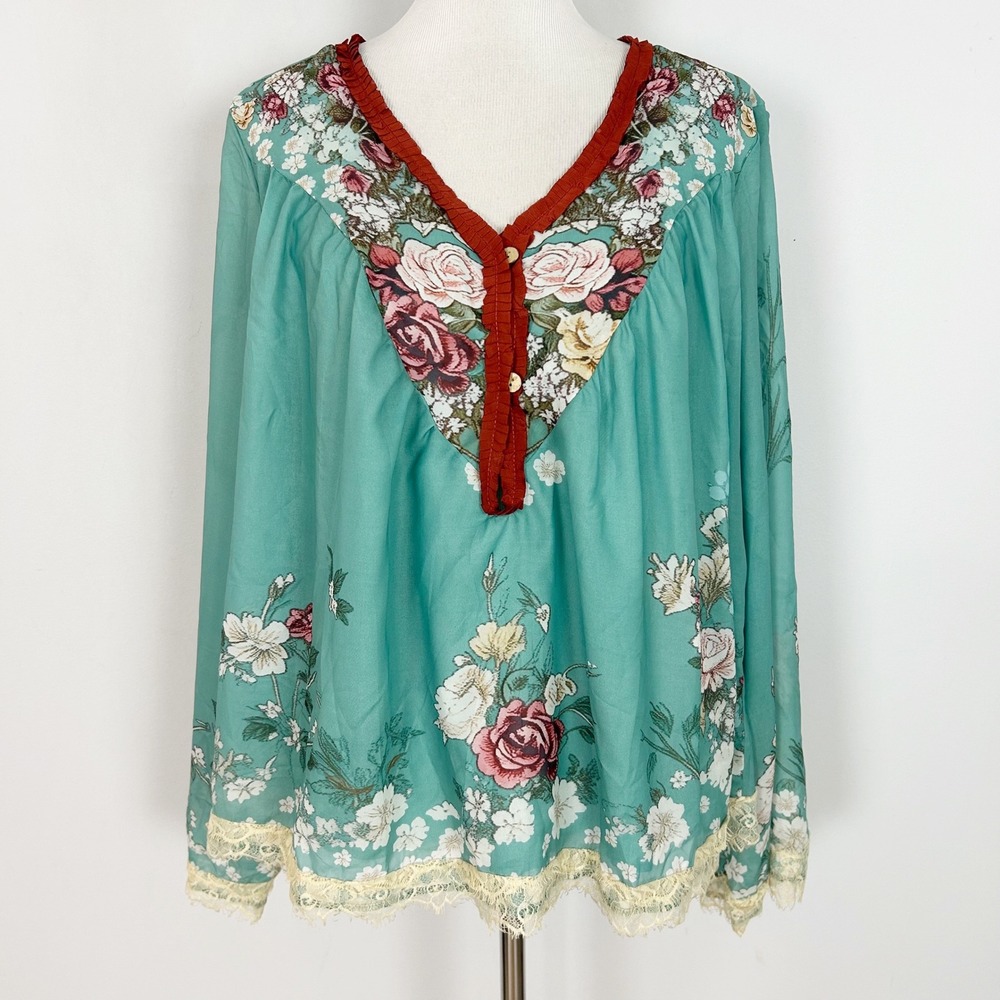Unbranded Turquoise Floral Blouse Lace Trim Ruffle V-Neck Boho Fall Size XL